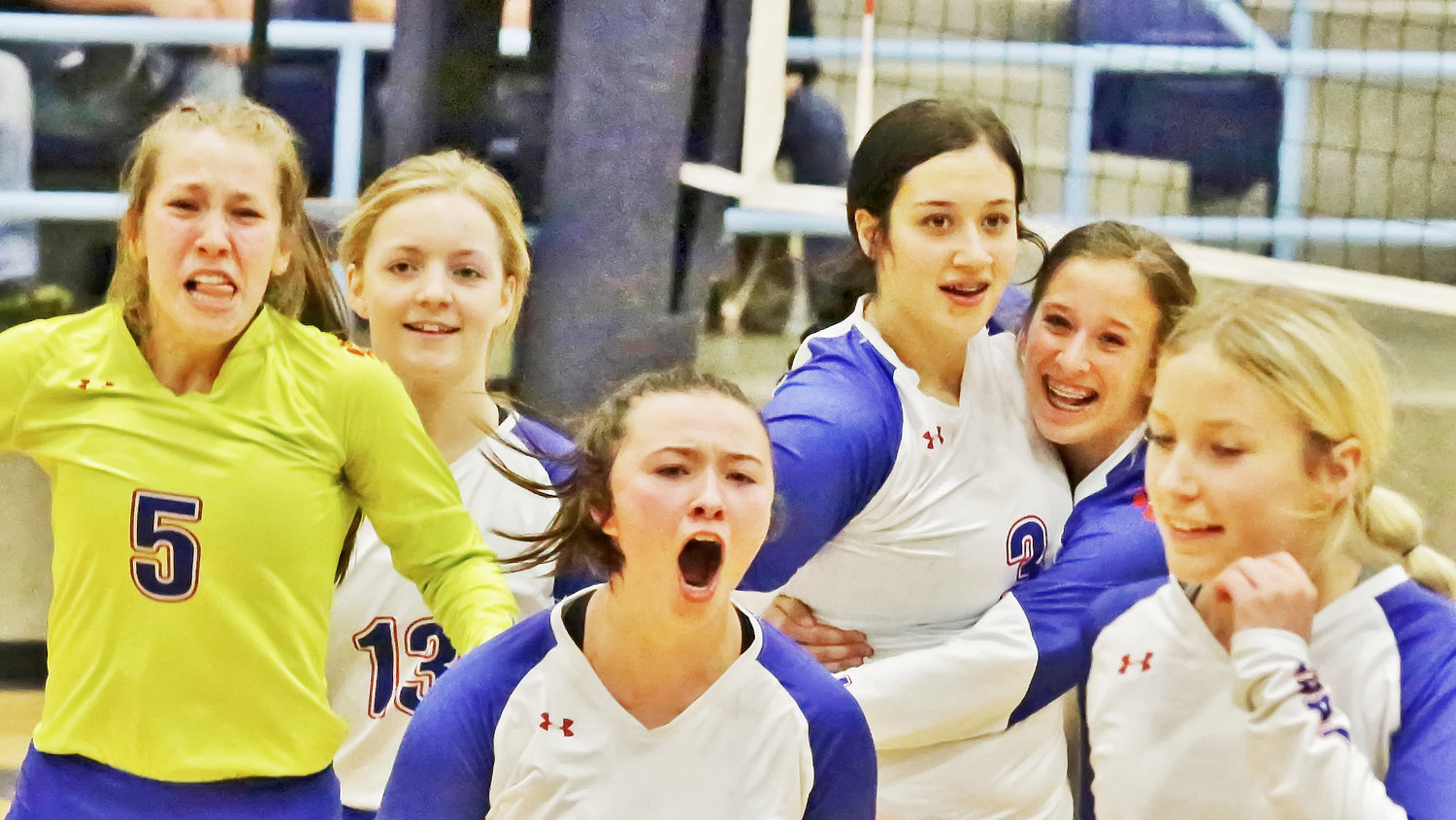 The moment of victory after Kalli Wright buried a kill shot  and secured Alba-Golden’s bi-district championship. From left are pictured: Hope Wiley, Cacie Lennon, Kayli Covey, Wright, Skyler West and Amanda Stewart. (Monitor photo by John  Arbter)